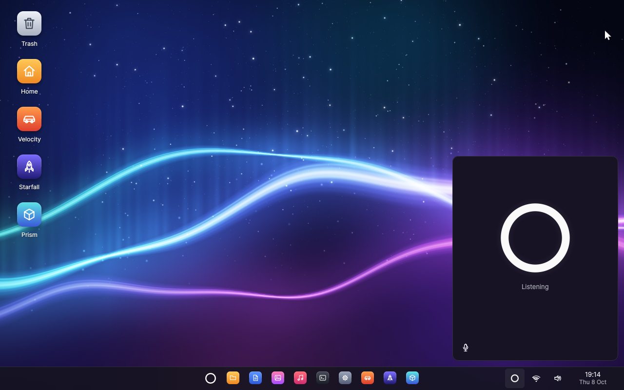 The Veda desktop: a starry wallpaper with ribbons of light, desktop icons, the taskbar, and the agent’s window showing its white ring, listening