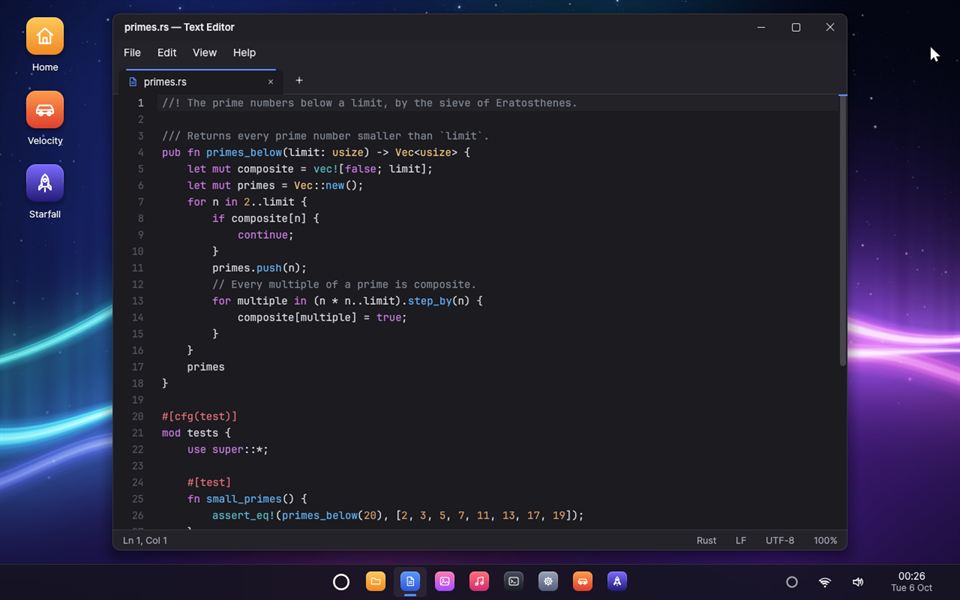 The Text Editor showing a Rust program with syntax highlighting