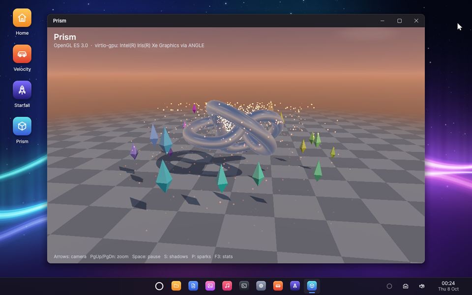 Prism: a reflective knot, crystals with shadows and sparks, in OpenGL ES 3.0