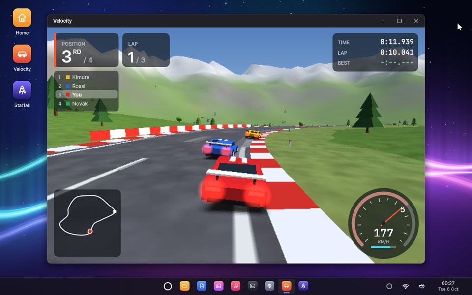 Velocity, a 3D racing game, with cars on a track